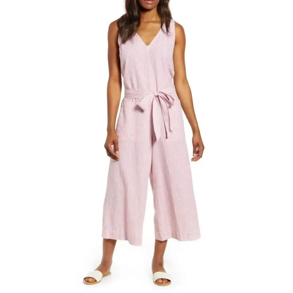 BEACHLUNCHLOUNGE Lennon Tie Waist Linen/Cotton Jumpsuit oversized wide leg sz S